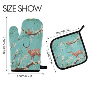 ZZXXB Deer Plum Floral Oven Mitts and Pot Holders Set of 2 Heat Resistant Non-Slip Kitchen Gloves for Cooking Baking Barbecue Grilling