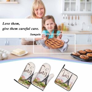 Samgula Paris Oven Mitts and Pot Holders Sets Eiffel Tower Pink Romantic City Heat Resistant 3pcs for Cooking Baking BBQ