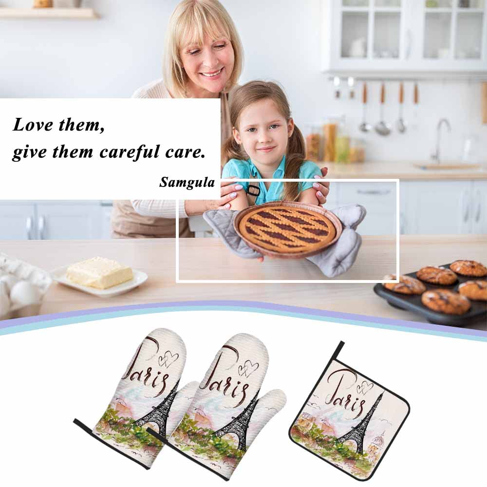 Samgula Paris Oven Mitts and Pot Holders Sets Eiffel Tower Pink Romantic City Heat Resistant 3pcs for Cooking Baking BBQ