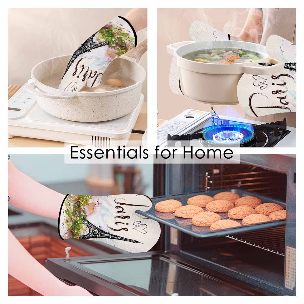 Samgula Paris Oven Mitts and Pot Holders Sets Eiffel Tower Pink Romantic City Heat Resistant 3pcs for Cooking Baking BBQ