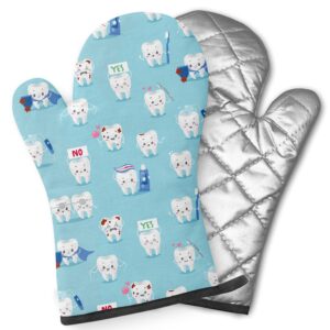 pairs of decorative oven mitts, heat resistant kitchen gloves for cooking, baking, grilling ( tooth character personage dental clinic )
