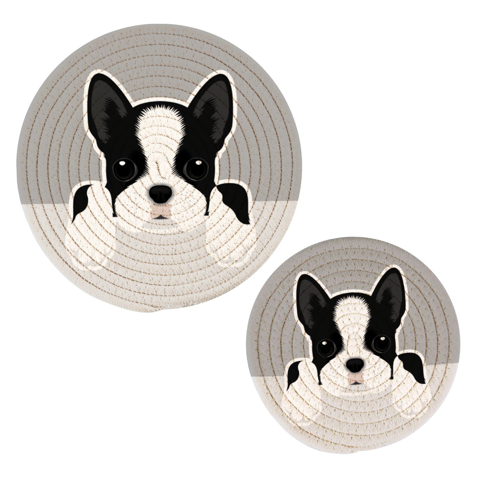 Dog Boston Terrier Puppy Pot Holders for Kitchen Cotton Round Holder Set of 2 Heat Resistant Trivets Coasters Pure Cotton Thread Weave for Hot Dishes