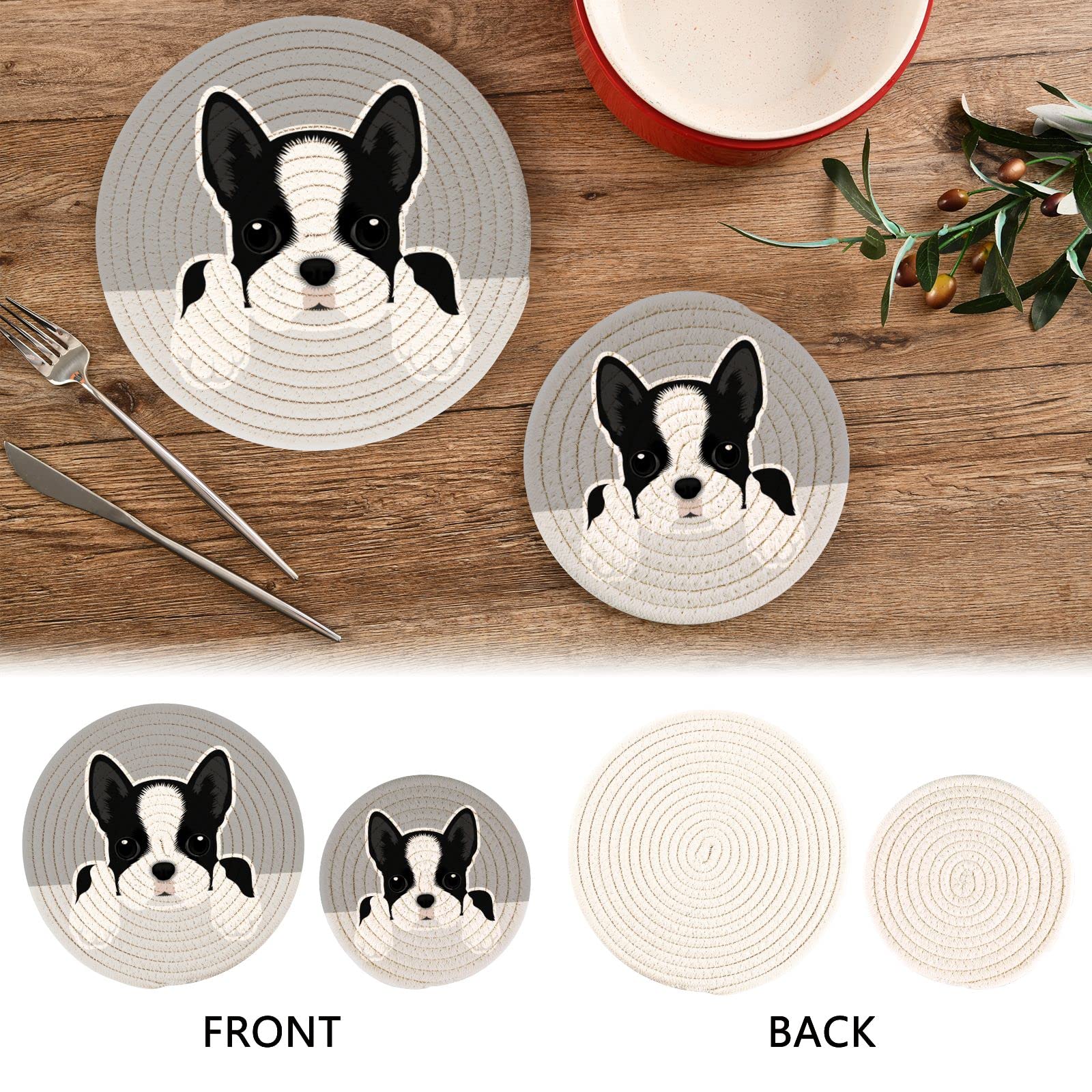 Dog Boston Terrier Puppy Pot Holders for Kitchen Cotton Round Holder Set of 2 Heat Resistant Trivets Coasters Pure Cotton Thread Weave for Hot Dishes