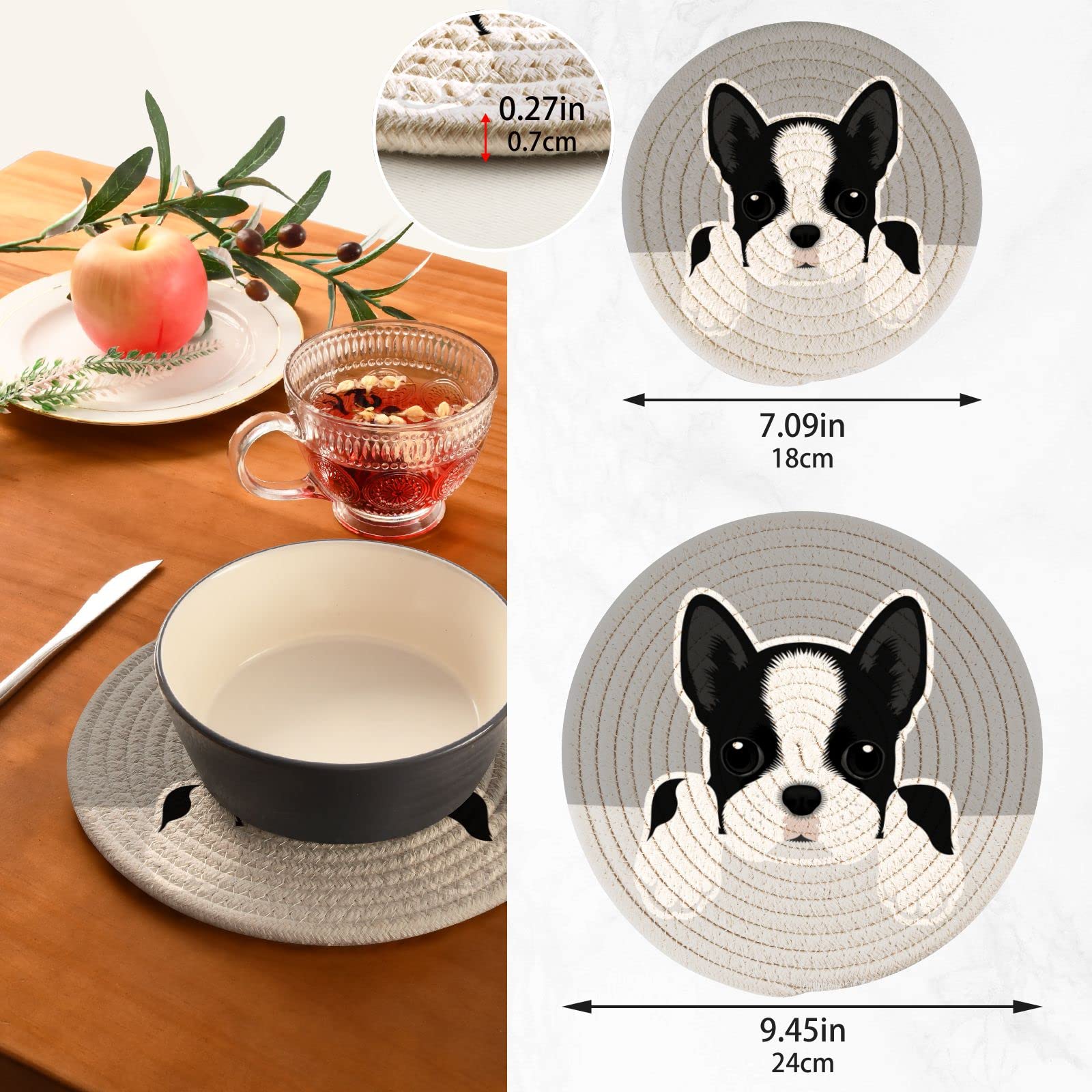 Dog Boston Terrier Puppy Pot Holders for Kitchen Cotton Round Holder Set of 2 Heat Resistant Trivets Coasters Pure Cotton Thread Weave for Hot Dishes