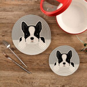 Dog Boston Terrier Puppy Pot Holders for Kitchen Cotton Round Holder Set of 2 Heat Resistant Trivets Coasters Pure Cotton Thread Weave for Hot Dishes