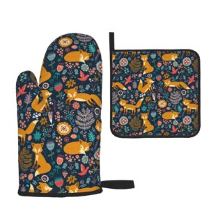 cute fox oven mitts and pot holders sets,heat resistant non slip kitchen gloves hot pads with inner cotton layer for cooking bbq baking grilling