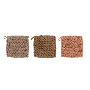 bloomingville square jute crocheted, 3 colors pot holders, 8" l x 8" w x 0" h, brown