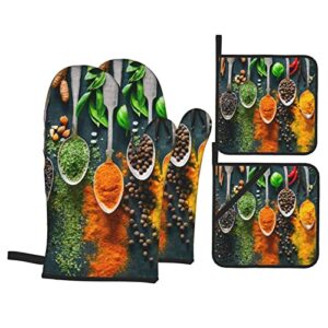 yilequan condiments spices print oven mitts and pot holders sets,kitchen oven glove high heat resistant 500 degree oven mitts and potholder,surface safe for baking, cooking, bbq,pack of 4