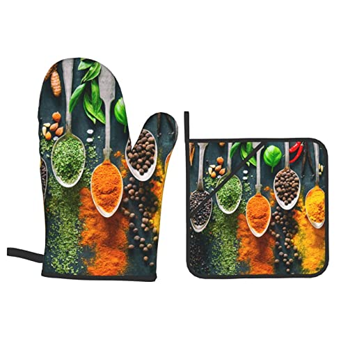 YILEQUAN Condiments Spices Print Oven Mitts and Pot Holders Sets,Kitchen Oven Glove High Heat Resistant 500 Degree Oven Mitts and Potholder,Surface Safe for Baking, Cooking, BBQ,Pack of 4