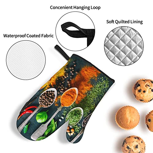 YILEQUAN Condiments Spices Print Oven Mitts and Pot Holders Sets,Kitchen Oven Glove High Heat Resistant 500 Degree Oven Mitts and Potholder,Surface Safe for Baking, Cooking, BBQ,Pack of 4