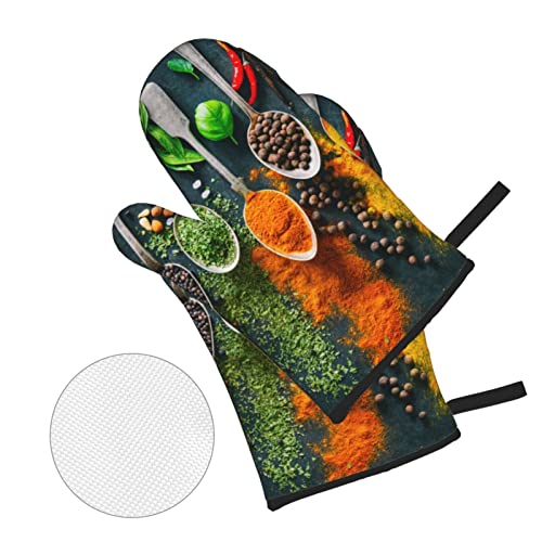 YILEQUAN Condiments Spices Print Oven Mitts and Pot Holders Sets,Kitchen Oven Glove High Heat Resistant 500 Degree Oven Mitts and Potholder,Surface Safe for Baking, Cooking, BBQ,Pack of 4