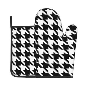 houndstooth black print oven mitts and pot holders sets,non-slip heat resistant oven mitts for home cooking, baking,bbq,grilling,holders for kitchen