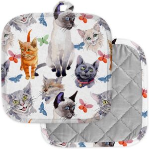 [pack of 2] pot holders for kitchen, washable heat resistant pot holders, hot pads, trivet for cooking and baking ( cat wild animal watercolor )