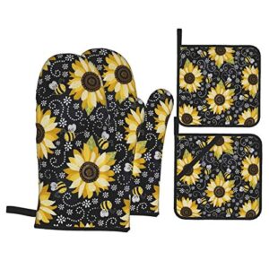 sunflower bees oven mitts and pot holders sets of 4,resistant hot pads with polyester non-slip bbq gloves for kitchen,cooking,baking,grilling
