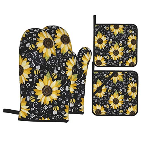 Sunflower Bees Oven Mitts and Pot Holders Sets of 4,Resistant Hot Pads with Polyester Non-Slip BBQ Gloves for Kitchen,Cooking,Baking,Grilling