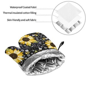 Sunflower Bees Oven Mitts and Pot Holders Sets of 4,Resistant Hot Pads with Polyester Non-Slip BBQ Gloves for Kitchen,Cooking,Baking,Grilling