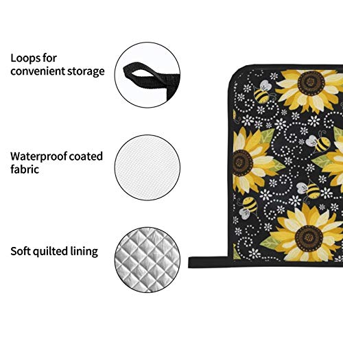 Sunflower Bees Oven Mitts and Pot Holders Sets of 4,Resistant Hot Pads with Polyester Non-Slip BBQ Gloves for Kitchen,Cooking,Baking,Grilling