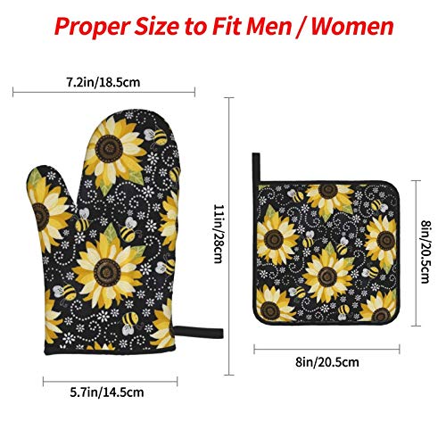 Sunflower Bees Oven Mitts and Pot Holders Sets of 4,Resistant Hot Pads with Polyester Non-Slip BBQ Gloves for Kitchen,Cooking,Baking,Grilling