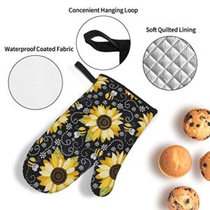 Sunflower Bees Oven Mitts and Pot Holders Sets of 4,Resistant Hot Pads with Polyester Non-Slip BBQ Gloves for Kitchen,Cooking,Baking,Grilling