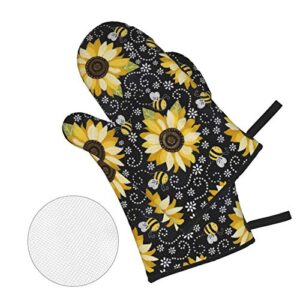 Sunflower Bees Oven Mitts and Pot Holders Sets of 4,Resistant Hot Pads with Polyester Non-Slip BBQ Gloves for Kitchen,Cooking,Baking,Grilling