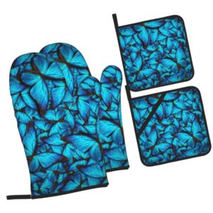 lakimct beautiful blue butterflys oven mitts and pot holders sets non-slip potholders heat resistant oven gloves for kitchen baking cooking bbq, 4-piece set