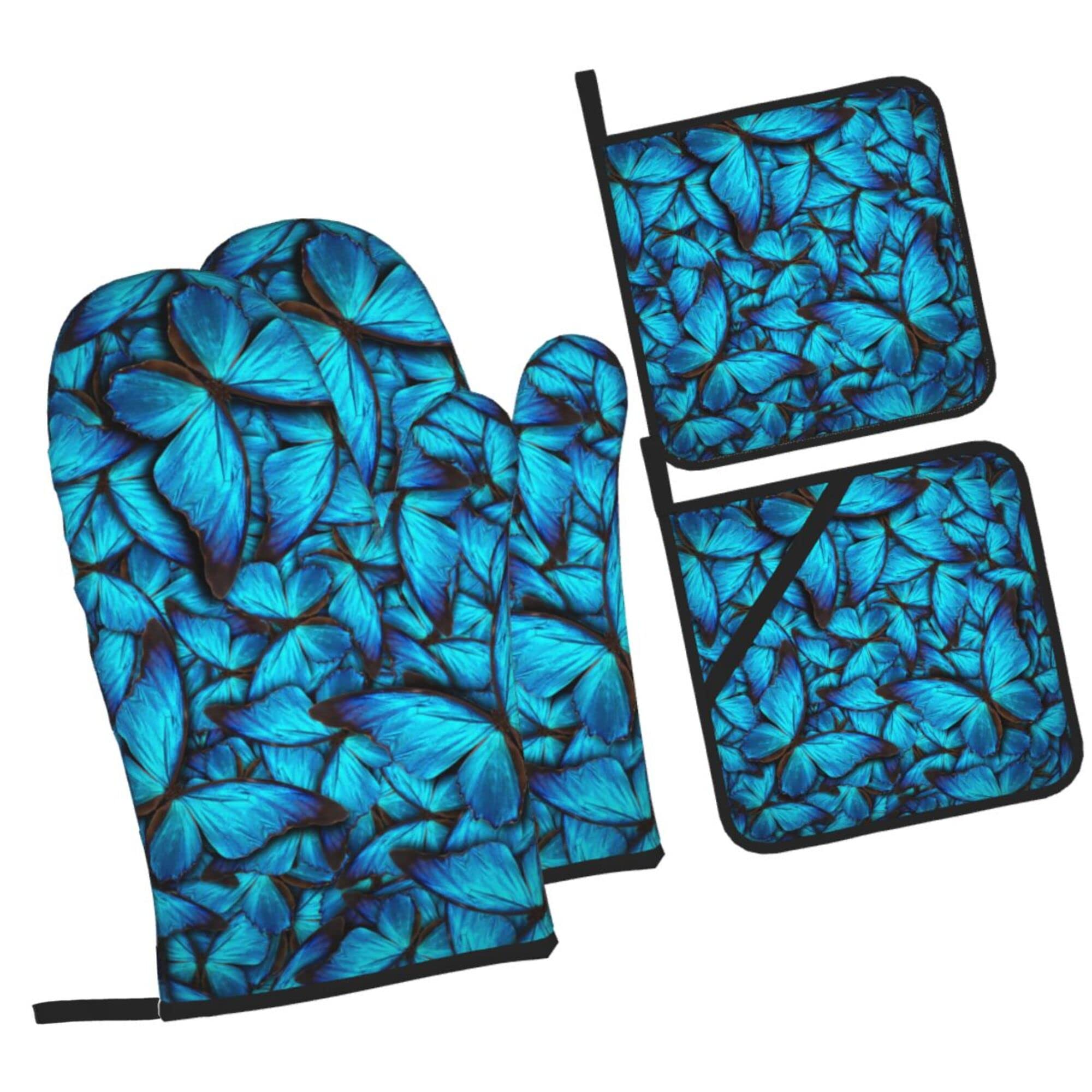 LAKIMCT Beautiful Blue Butterflys Oven Mitts and Pot Holders Sets Non-Slip Potholders Heat Resistant Oven Gloves for Kitchen Baking Cooking BBQ, 4-Piece Set