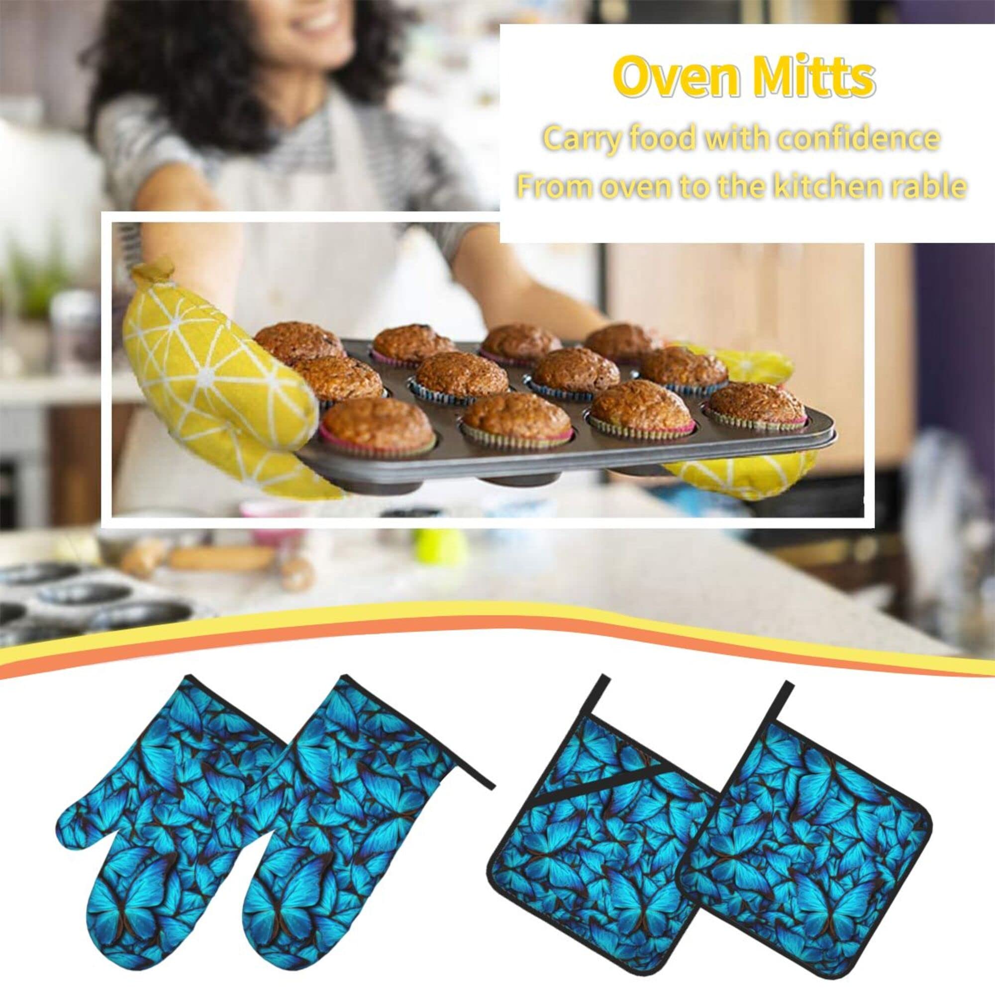 LAKIMCT Beautiful Blue Butterflys Oven Mitts and Pot Holders Sets Non-Slip Potholders Heat Resistant Oven Gloves for Kitchen Baking Cooking BBQ, 4-Piece Set