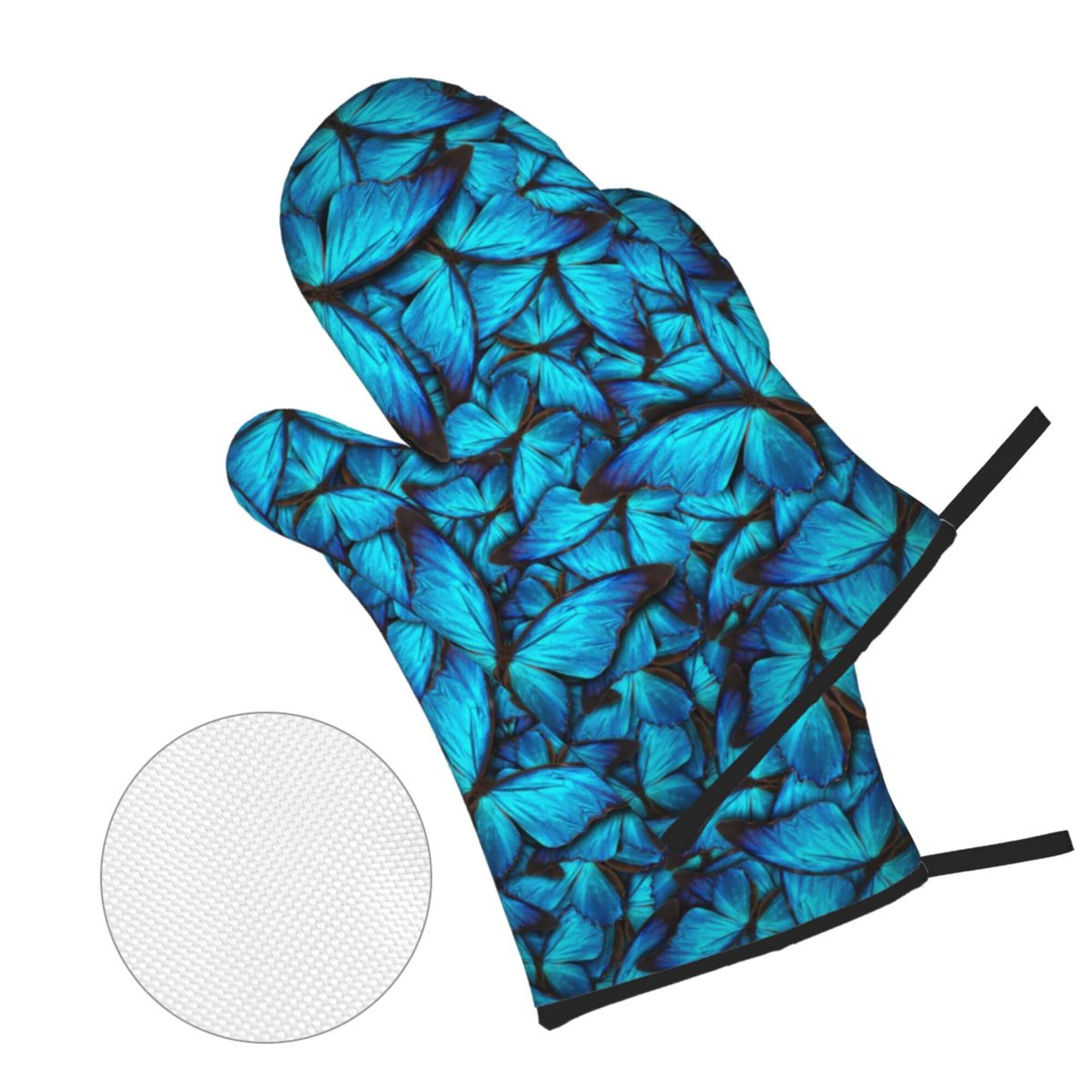 LAKIMCT Beautiful Blue Butterflys Oven Mitts and Pot Holders Sets Non-Slip Potholders Heat Resistant Oven Gloves for Kitchen Baking Cooking BBQ, 4-Piece Set