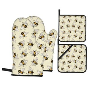 happy busy bees oven mitts and pot holders 4pcs set, kitchen oven glove high heat resistant extra long oven mitts and potholder