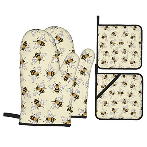 Happy Busy Bees Oven Mitts and Pot Holders 4pcs Set, Kitchen Oven Glove High Heat Resistant Extra Long Oven Mitts and Potholder