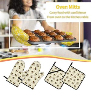 Happy Busy Bees Oven Mitts and Pot Holders 4pcs Set, Kitchen Oven Glove High Heat Resistant Extra Long Oven Mitts and Potholder