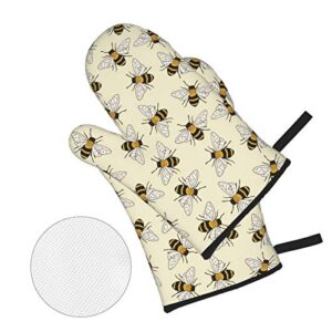 Happy Busy Bees Oven Mitts and Pot Holders 4pcs Set, Kitchen Oven Glove High Heat Resistant Extra Long Oven Mitts and Potholder