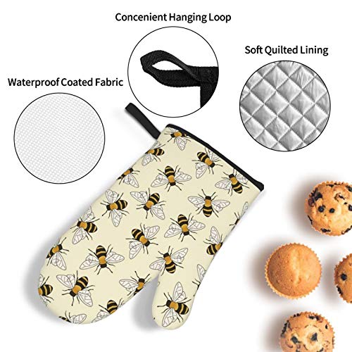 Happy Busy Bees Oven Mitts and Pot Holders 4pcs Set, Kitchen Oven Glove High Heat Resistant Extra Long Oven Mitts and Potholder