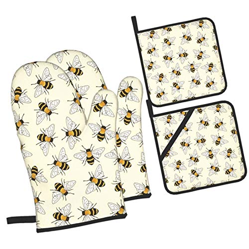 Happy Busy Bees Oven Mitts and Pot Holders 4pcs Set, Kitchen Oven Glove High Heat Resistant Extra Long Oven Mitts and Potholder