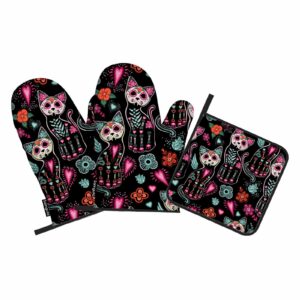 Samgula Day of The Dead Oven Mitts and Pot Holders Sets Cats Skeleton Bright Hearts Flowers Heat Resistant 3pcs for Cooking Baking BBQ