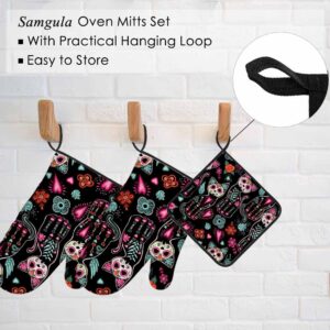 Samgula Day of The Dead Oven Mitts and Pot Holders Sets Cats Skeleton Bright Hearts Flowers Heat Resistant 3pcs for Cooking Baking BBQ