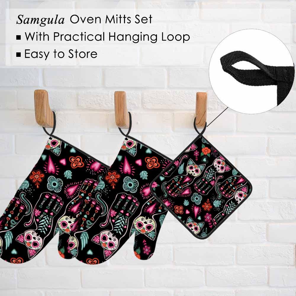 Samgula Day of The Dead Oven Mitts and Pot Holders Sets Cats Skeleton Bright Hearts Flowers Heat Resistant 3pcs for Cooking Baking BBQ
