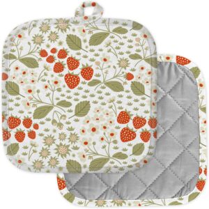 [pack of 2] pot holders for kitchen, washable heat resistant pot holders, hot pads, trivet for cooking and baking ( strawberry fruits blossoms )