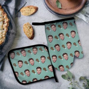 Custom Oven Mitts Pot Holders Set with Your Own Photo & Name, Cute Personalized Kitchen Microwave Heat Resistant Non-Slip Flexible Oven Gloves for Baking Cooking BBQ Funny Photo Gift