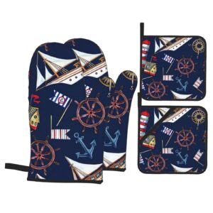 nautical sailboat anchor lighthouse oven mitts and pot holders sets of 4,non-slip heat resistant oven gloves for baking cooking grilling bbq