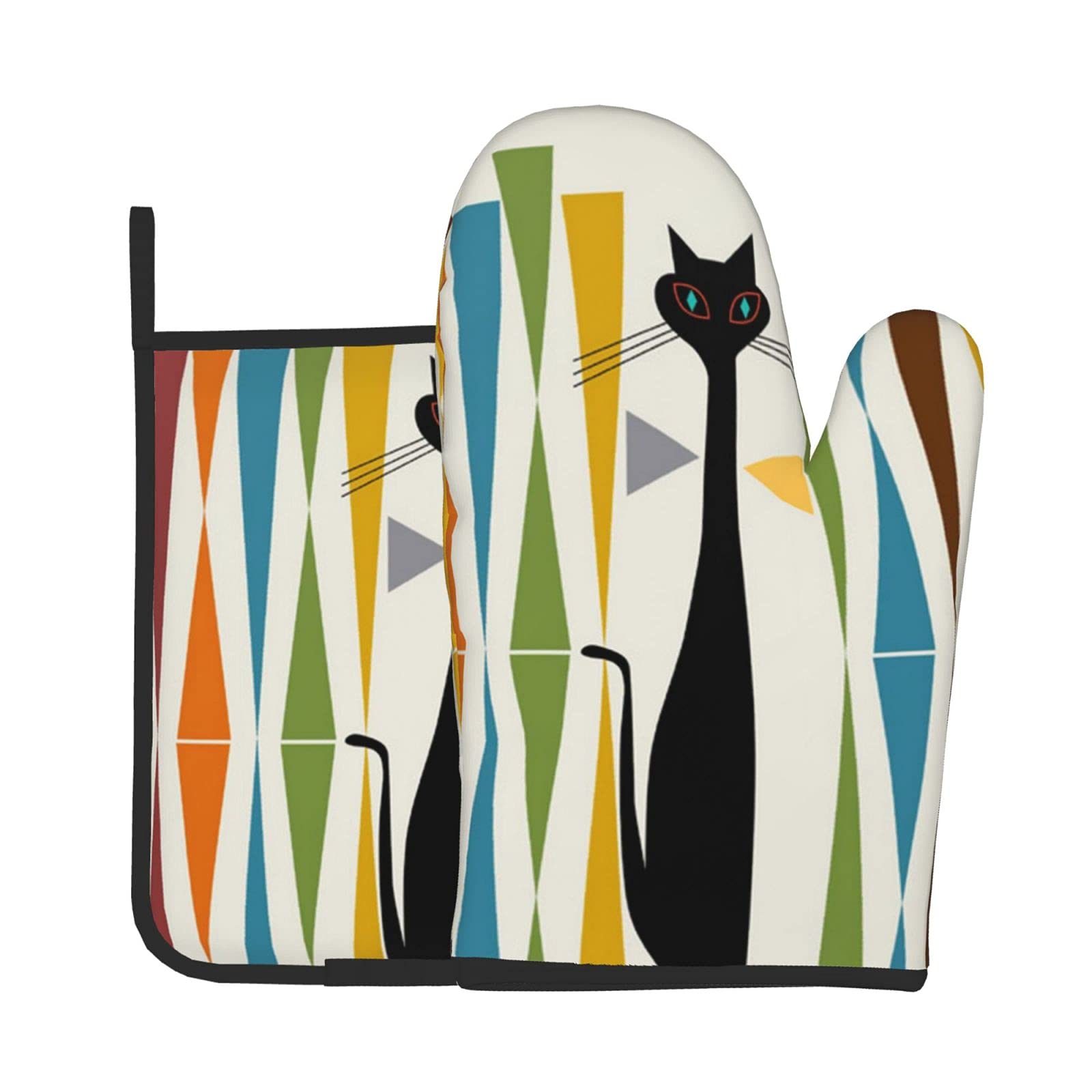 JEKYDOSD Print Mid-Century Modern Art Cat Oven Mitts and Pot Holders Sets Resistant Hot Pads with Polyester Non-Slip Gloves for Kitchen,Cooking,Baking,Grilling