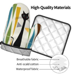 JEKYDOSD Print Mid-Century Modern Art Cat Oven Mitts and Pot Holders Sets Resistant Hot Pads with Polyester Non-Slip Gloves for Kitchen,Cooking,Baking,Grilling