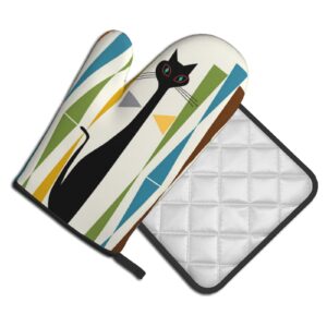 JEKYDOSD Print Mid-Century Modern Art Cat Oven Mitts and Pot Holders Sets Resistant Hot Pads with Polyester Non-Slip Gloves for Kitchen,Cooking,Baking,Grilling