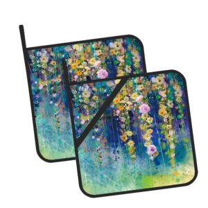 abstract floral watercolor painting pot holders set of 2 kitchen heat resistant potholder for microwave cooking baking oven end dishes and bbq