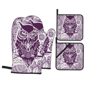4pcs oven mitts and pot holders set cute night owl purple print heat resistant kitchen gloves for cooking,baking,grilling,bbq