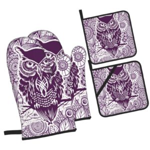 4Pcs Oven Mitts and Pot Holders Set Cute Night Owl Purple Print Heat Resistant Kitchen Gloves for Cooking,Baking,Grilling,BBQ