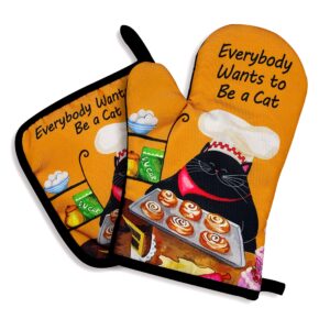 everybody wants to be a cat,oven mitts and pot holders sets of 2，funny oven mitt，silicone non-slip oven mitts,cat oven mitts,cat lover gift,birthday gift for cat owner,cat lover,cat mom