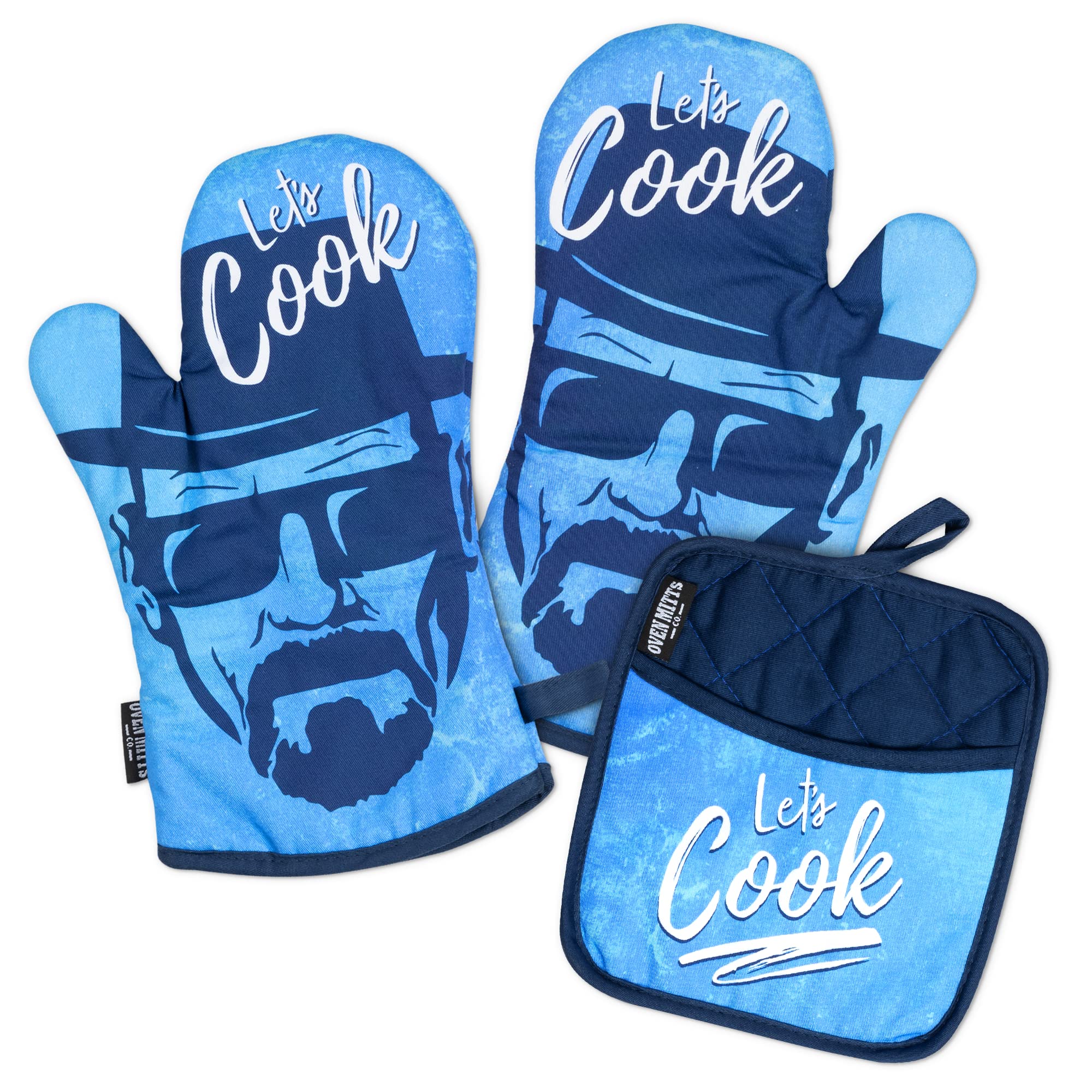 Oven Mitts Co. Let's Cook - Funny Oven Mitts and Pot Holder 3pcs Set, Insulated, 100% Cotton