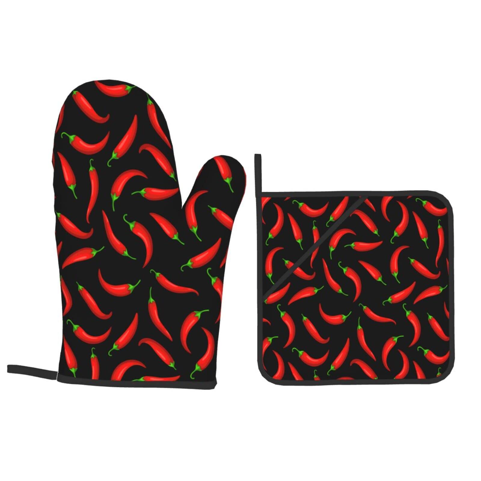 BOKEKANG Chili Peppers Pattern Oven Mitts and Pot Holders Sets of 4 Kitchen Mitts Heat Resistant Oven Gloves Set Potholders for Kitchen Baking Grilling BBQ