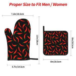 BOKEKANG Chili Peppers Pattern Oven Mitts and Pot Holders Sets of 4 Kitchen Mitts Heat Resistant Oven Gloves Set Potholders for Kitchen Baking Grilling BBQ